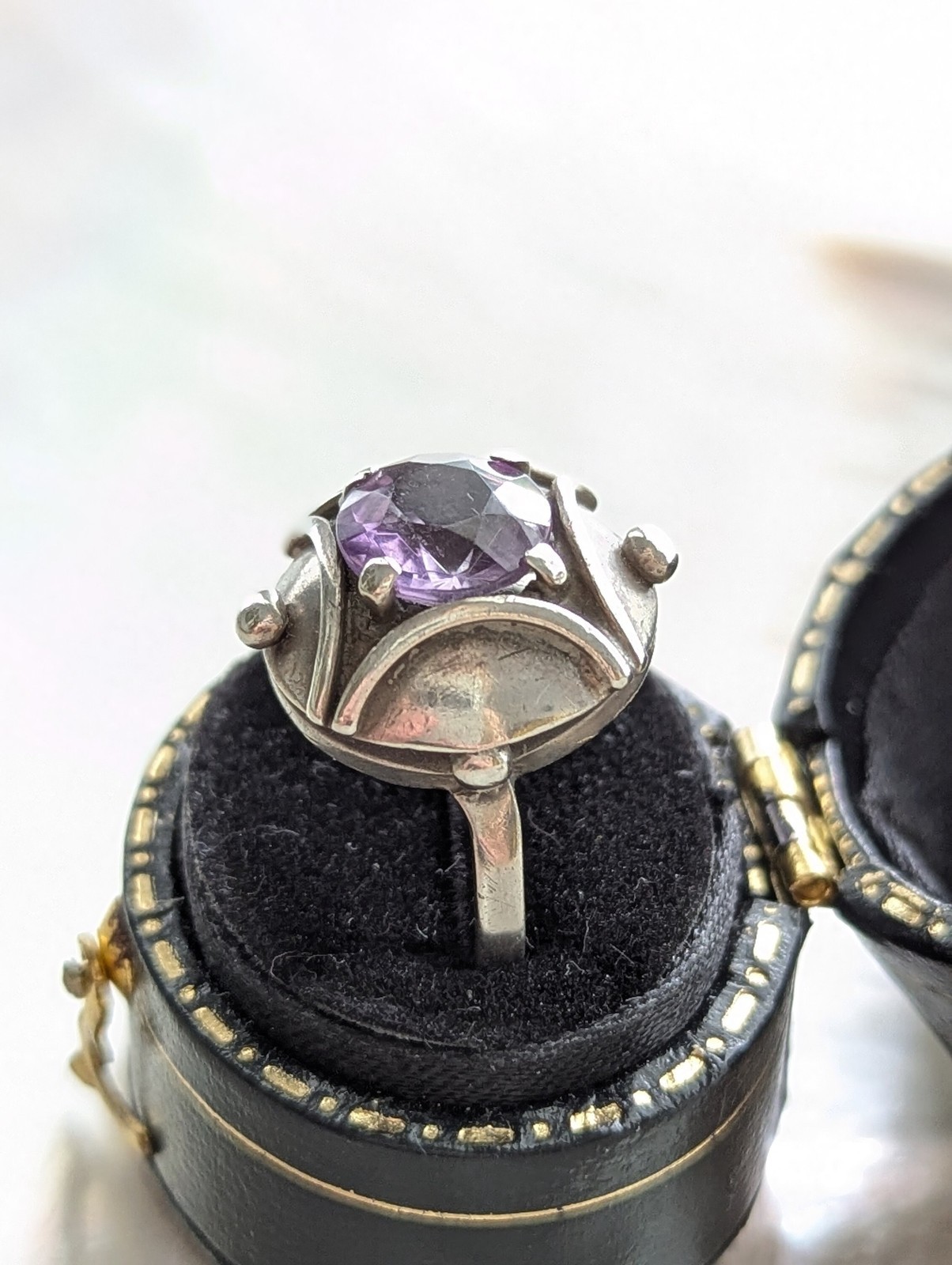 Vintage Amethyst & 835 Silver Ring-Unusual Setting-Lavender Gemstone