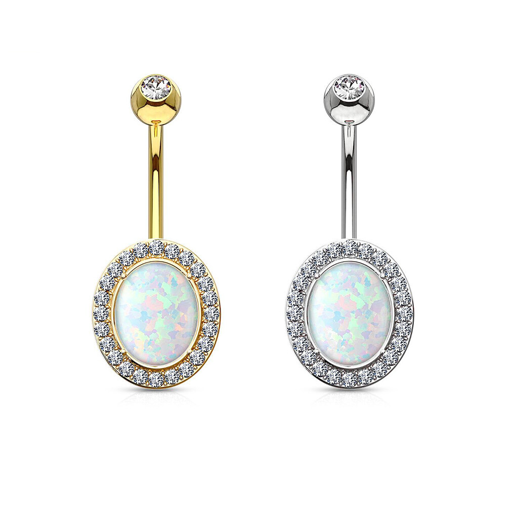14K Gold 14G Belly Navel Ring Non Dangle with Oval Opal Center and Clear CZ Gems