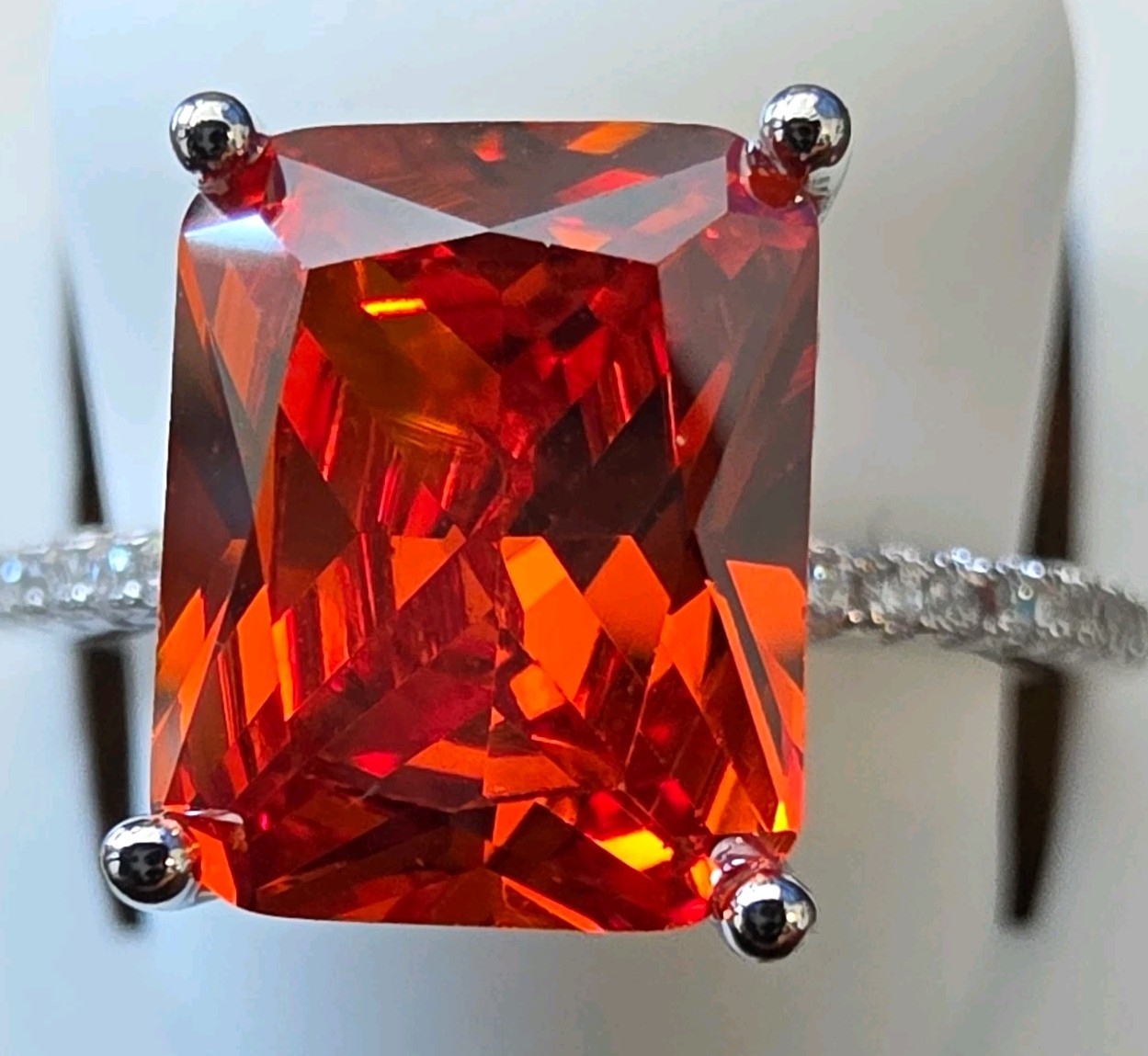 925 Sterling Silver Lab-Created Vivid Orange Emerald Cut Solitaire Ring Sz 7 UGI