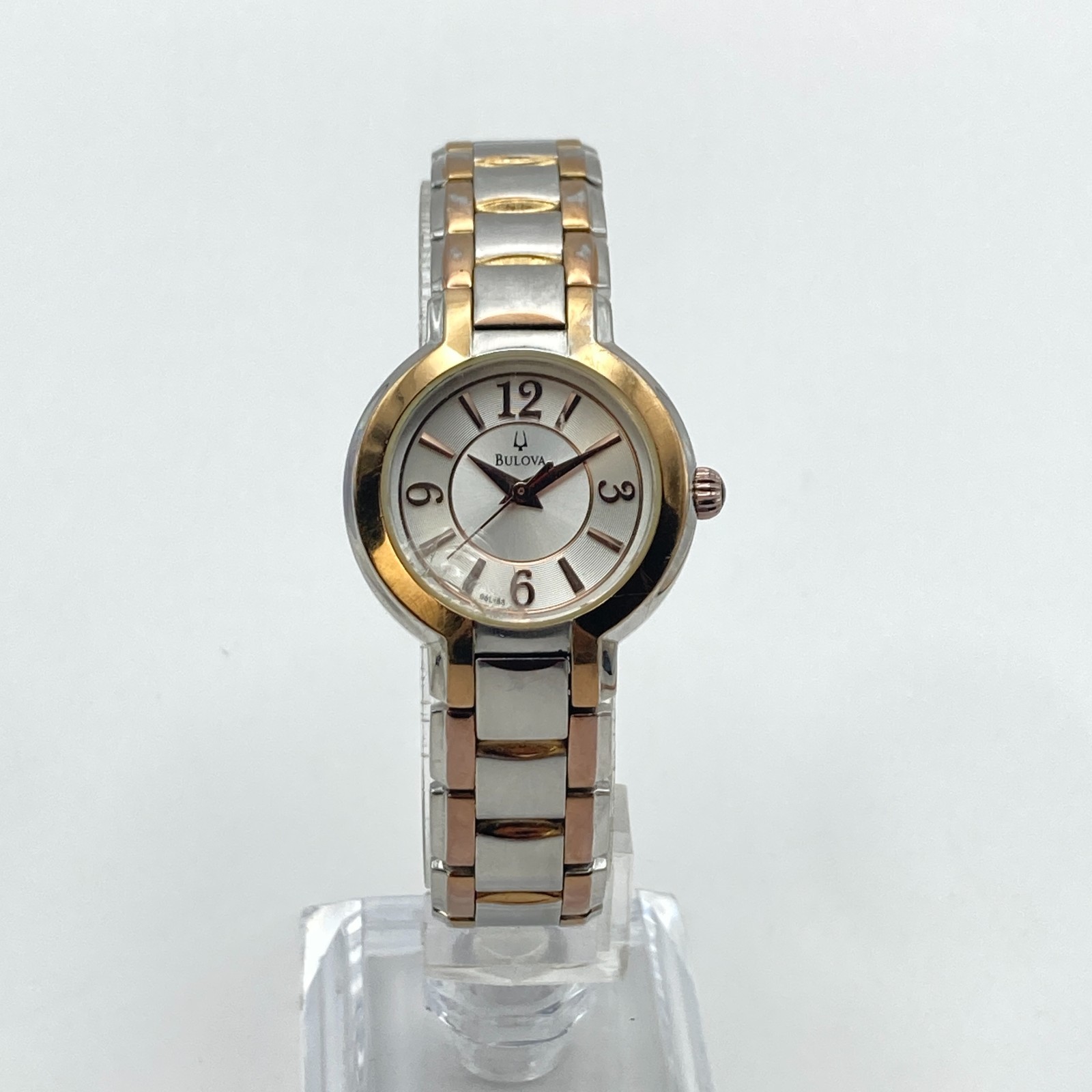 Bulova Women’s Watch Silver Rose Gold Tone FLAWED CRYSTAL 98L153 New Battery 7″