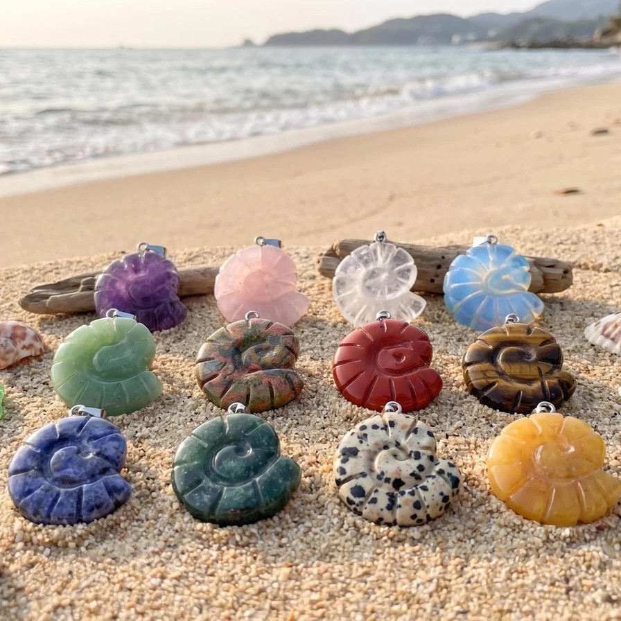 5PCS Carved Gemstone Conch Shell Pendant 25mm Crystal Ammonite Fossil Charms