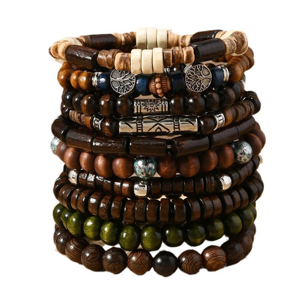 10pcs Boho Ethnic Beaded Bracelets Men Vintage Tree Charm Wood Gift Jewelry