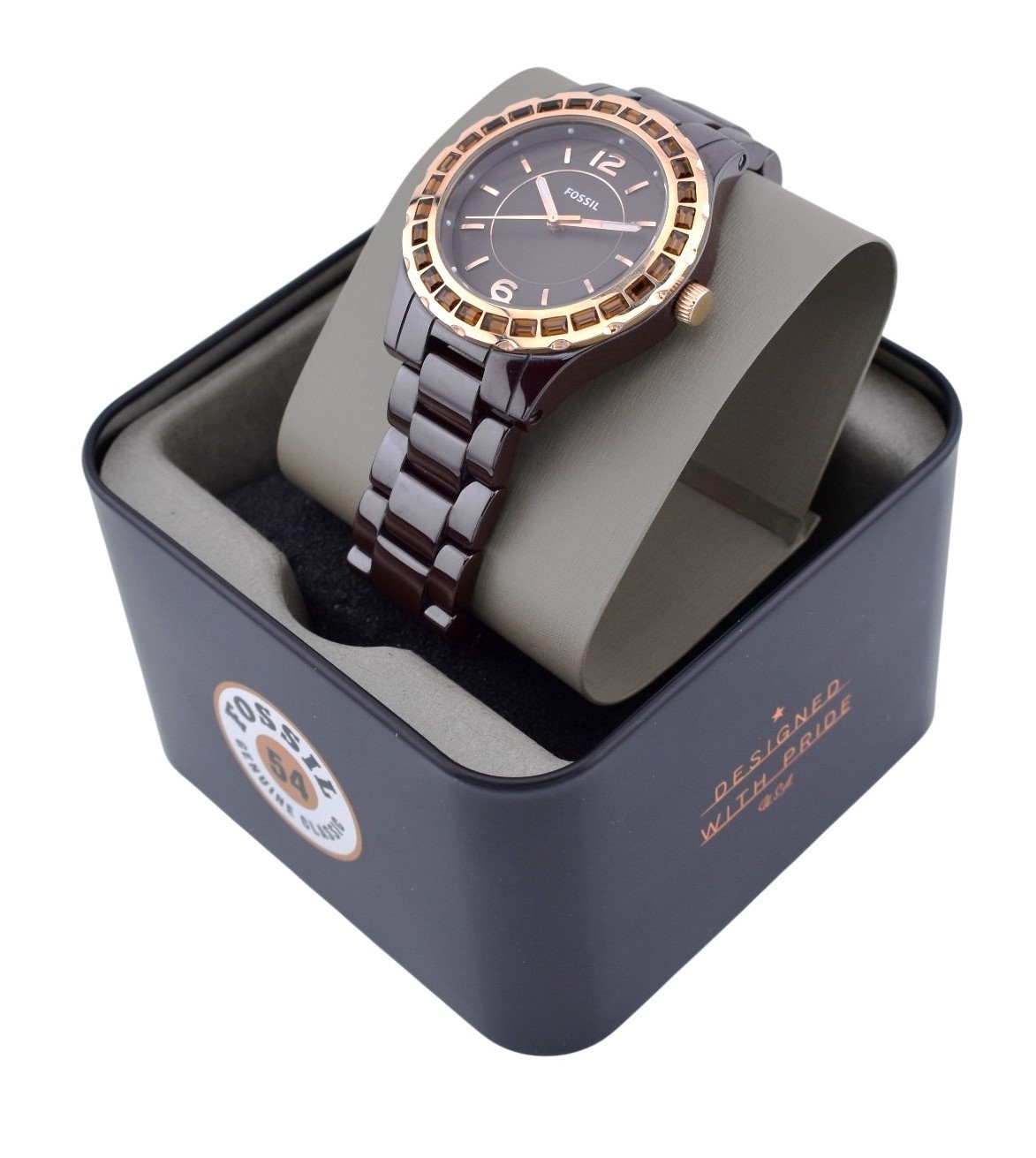 FOSSIL 38mm Baby Riley Ladies Brown Ceramic Glitz Dial Watch CE1070 $225.00