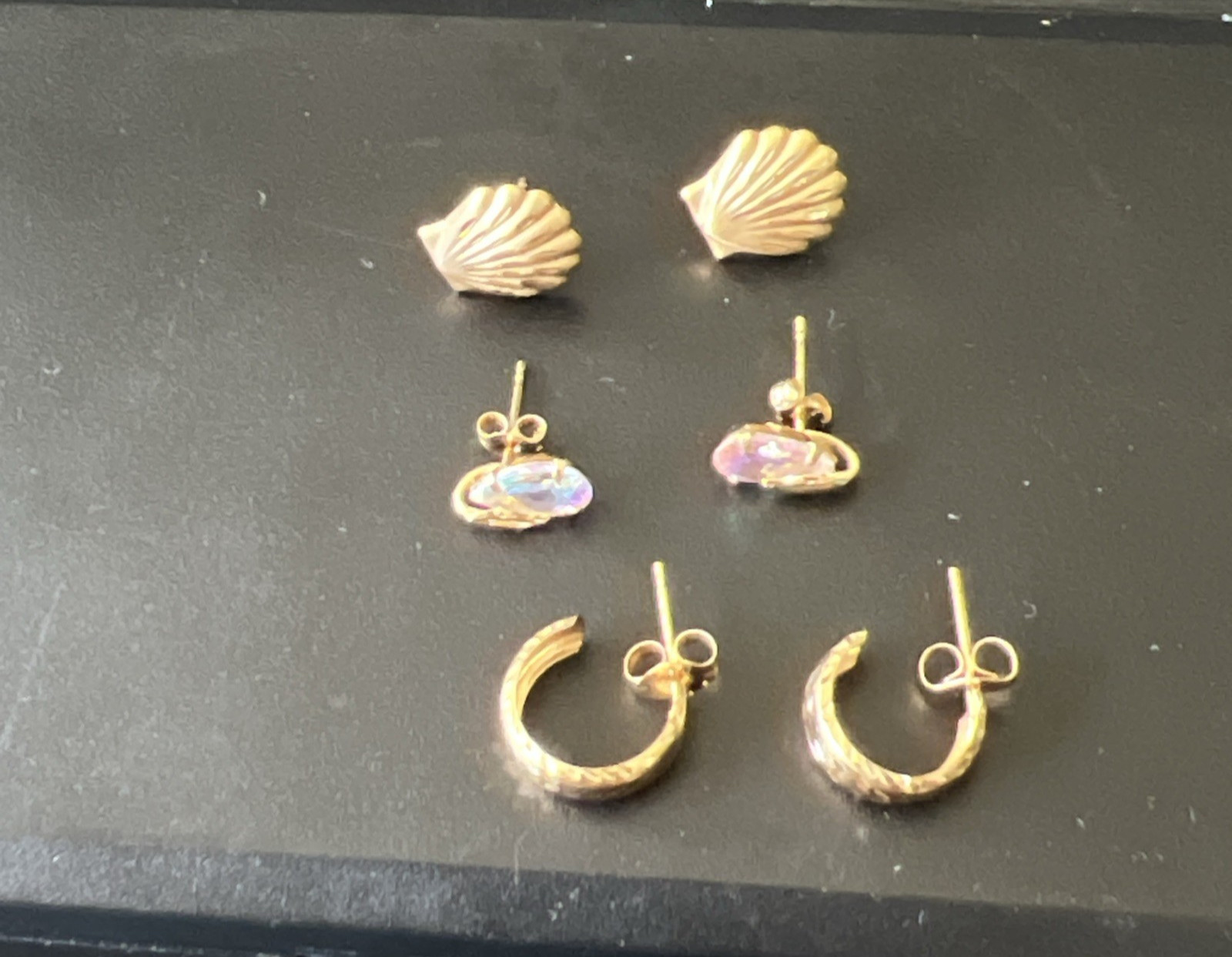 3 Pairs 14K Yellow Gold Dainty Earrings Lot Seashell Etched Hoops & AB Crystal
