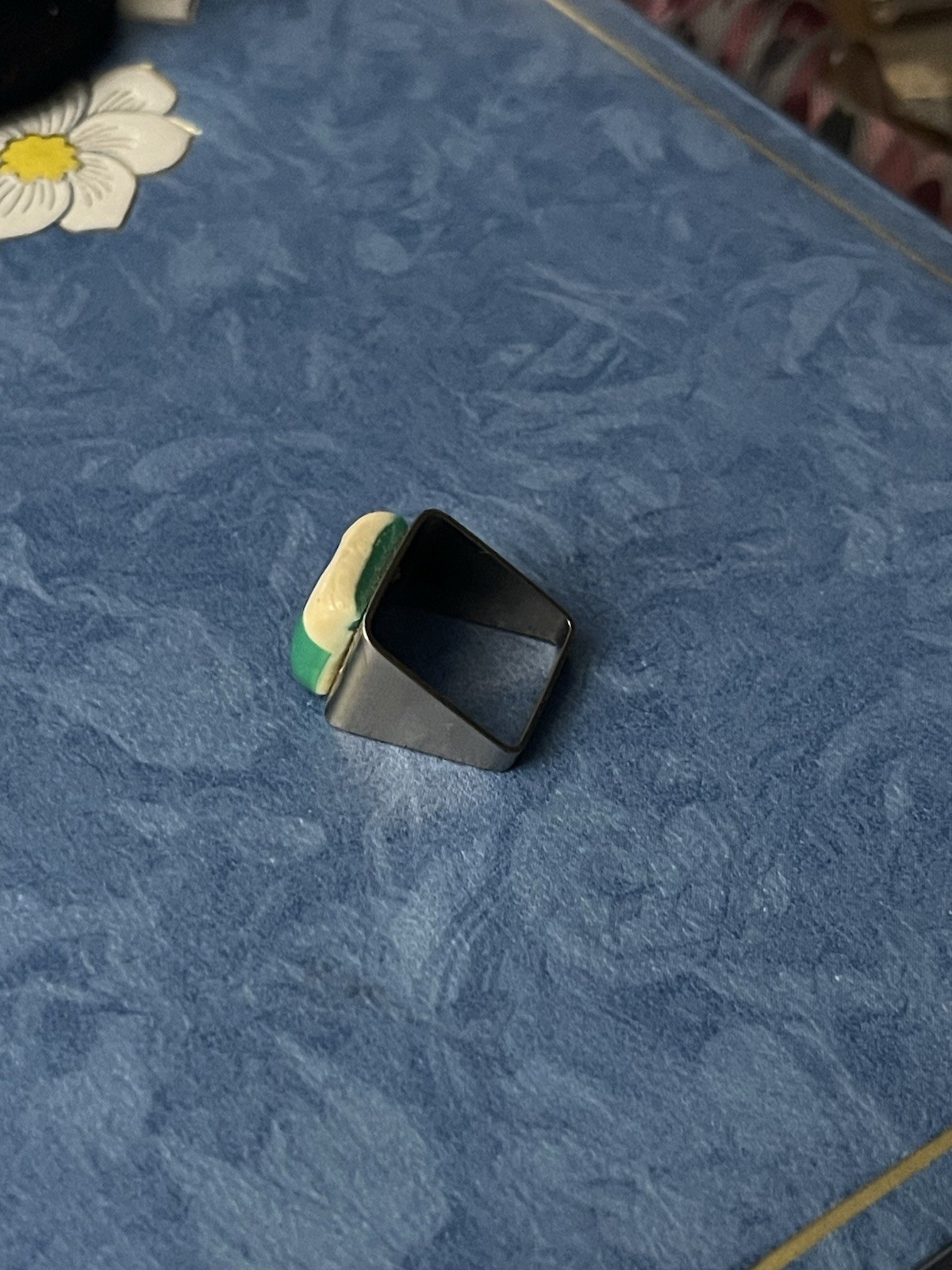 MCM Vintage Metal And Enamel Art Deco Ring With Square Band Size 4.5 Unique