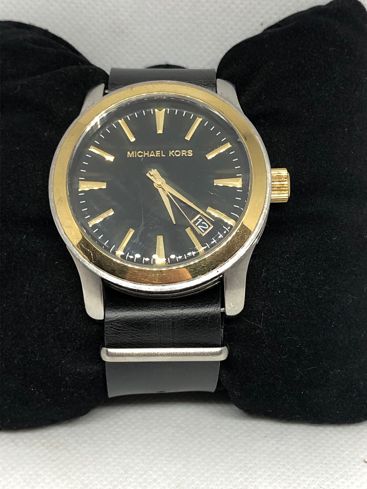 MICHAEL KORS MK7064 Men’s Black Leather Analog Dial Watch With Custom Band HG77
