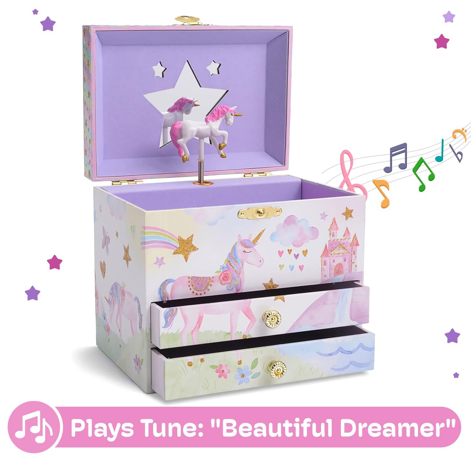 Jewelkeeper Jewelry Box for Girls with 2 Drawers – Unicorn Music Box with Gli…