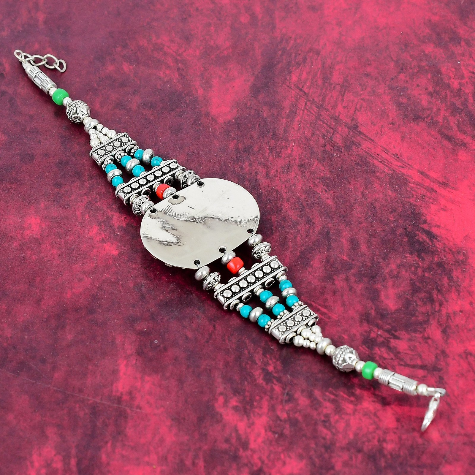 Turquoise, Coral Gemstone Handmade 925 Sterling Silver Nepali Bracelet Jewelry