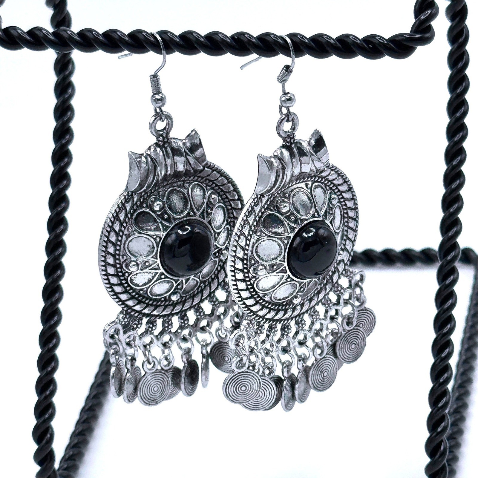 Silver Tone Black Stone Dangle Earrings Gypsy Boho Tribal Chandelier Southwest