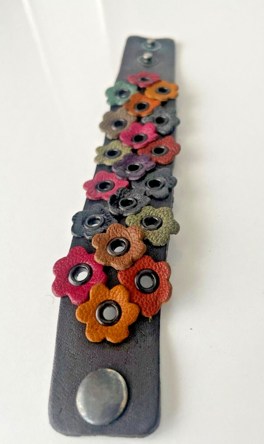 Leather black & multicolour flower rivet cuff bracelet