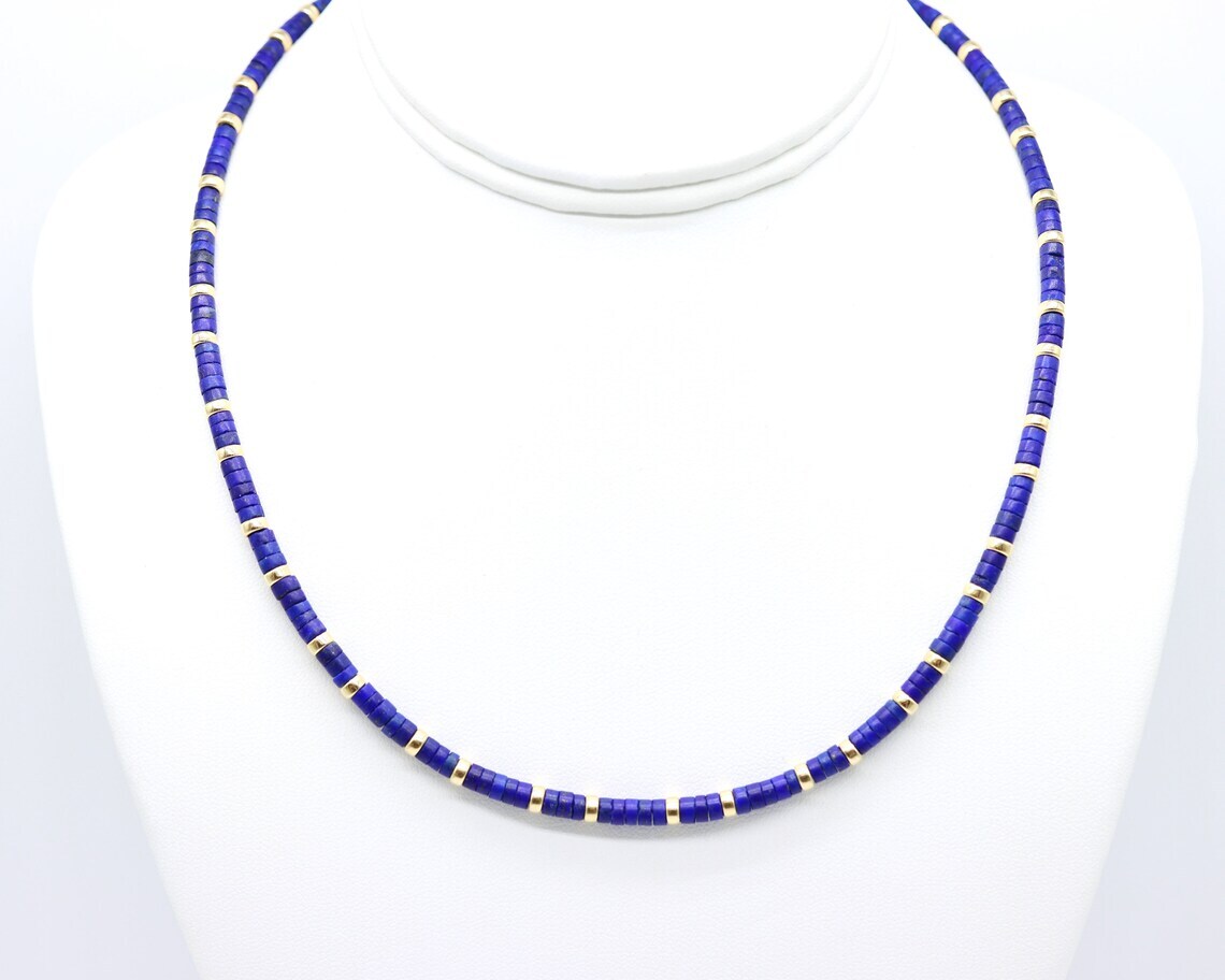 Blue Lapis Lazuli & Gold Fill Necklace, 4mm Small Thin Heishi Beads Choker