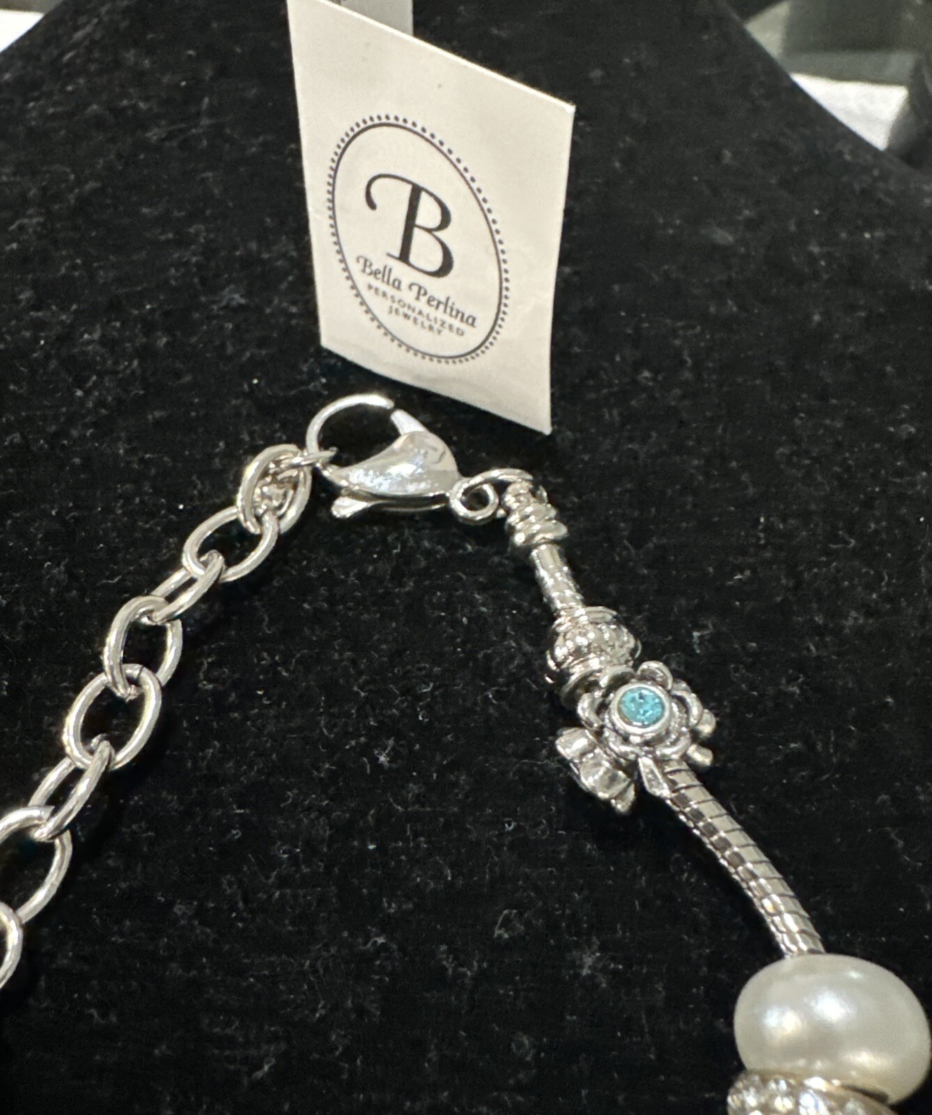 Bella Perlina Charm Bracelet with Aqua & White Beads with Silver Rhinestones $95