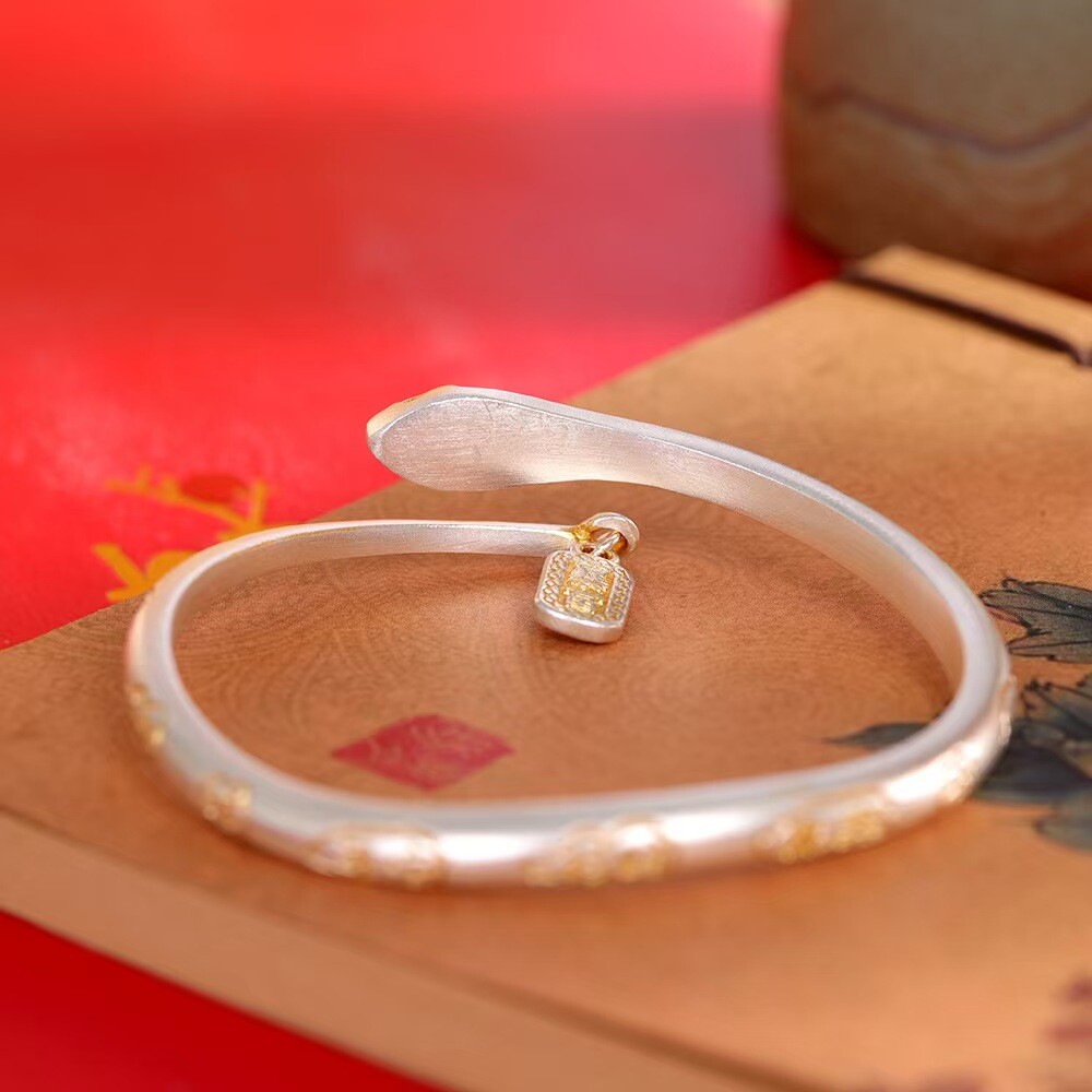 Pure S999 Fine Silver Bracelet Enamel 5mm Snake Open Bangle 34-35g Dia:56mm