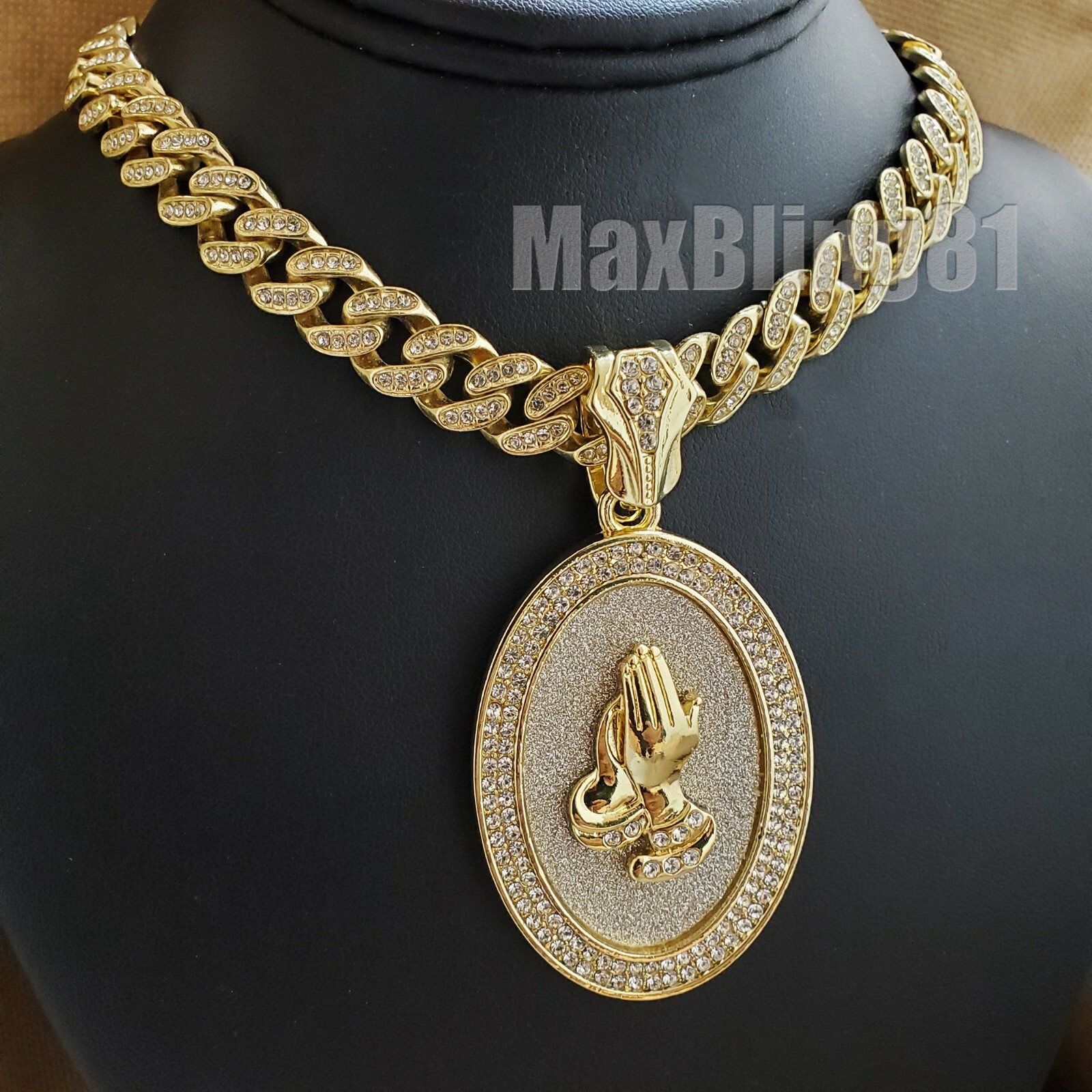 Praying Hands Oval Pendant & 16″ 18″ 20″ 24″ Iced Cuban Box Lock Chain Necklace