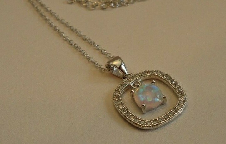 OPEN ROUND SQUARE NECKLACE PENDANT W/LAB ACCENTS & OPAL / 925 STERLING SILVER