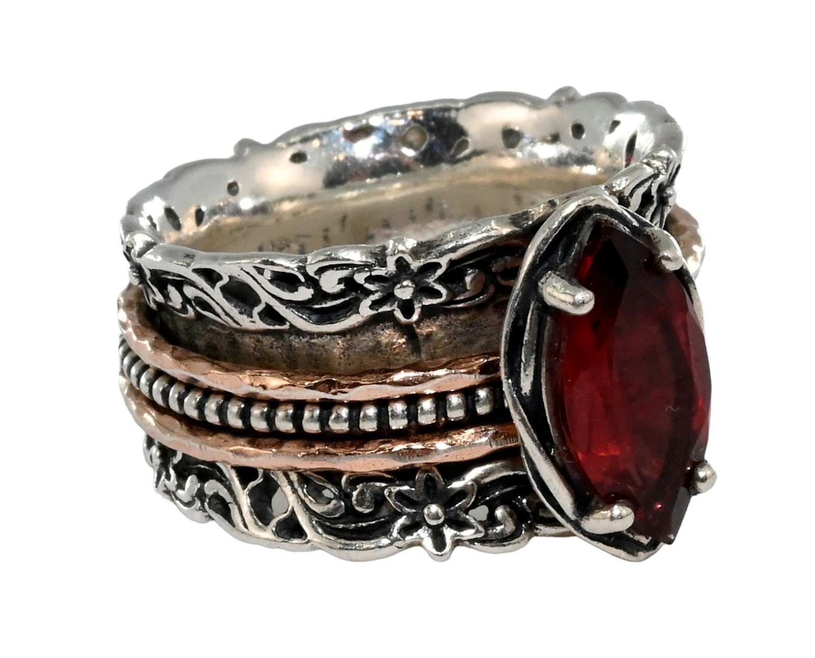 Paz Creations PZ Israel Red Garnet Sterling Silver Gold Spinner Ring! Size 6!