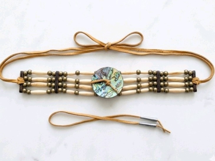 Vintage 1970s Native American Style 4-Row Hairpipe Choker Abalone Shell Suede