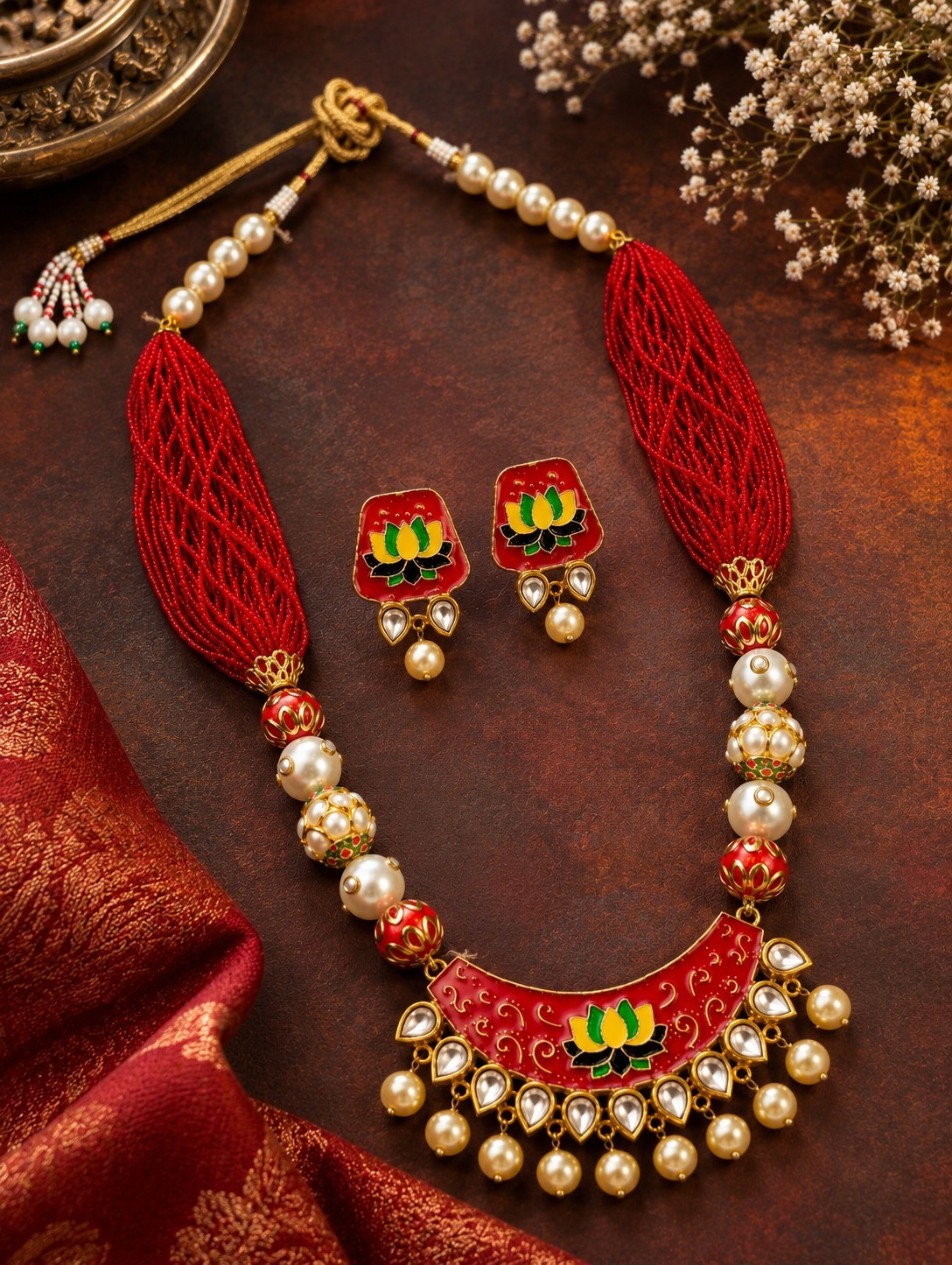 Handmade Lotus Thread Necklace Set Red Meenakari Pearl Indian Ethnic Jewelry