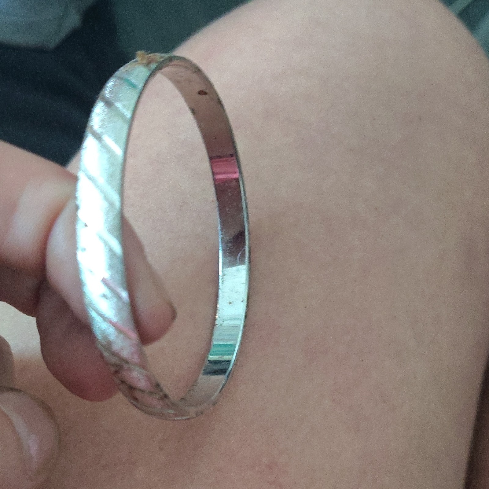 Silver Tone Metal Bangle Bracelet with Diagonal Textured Pattern, No Stone