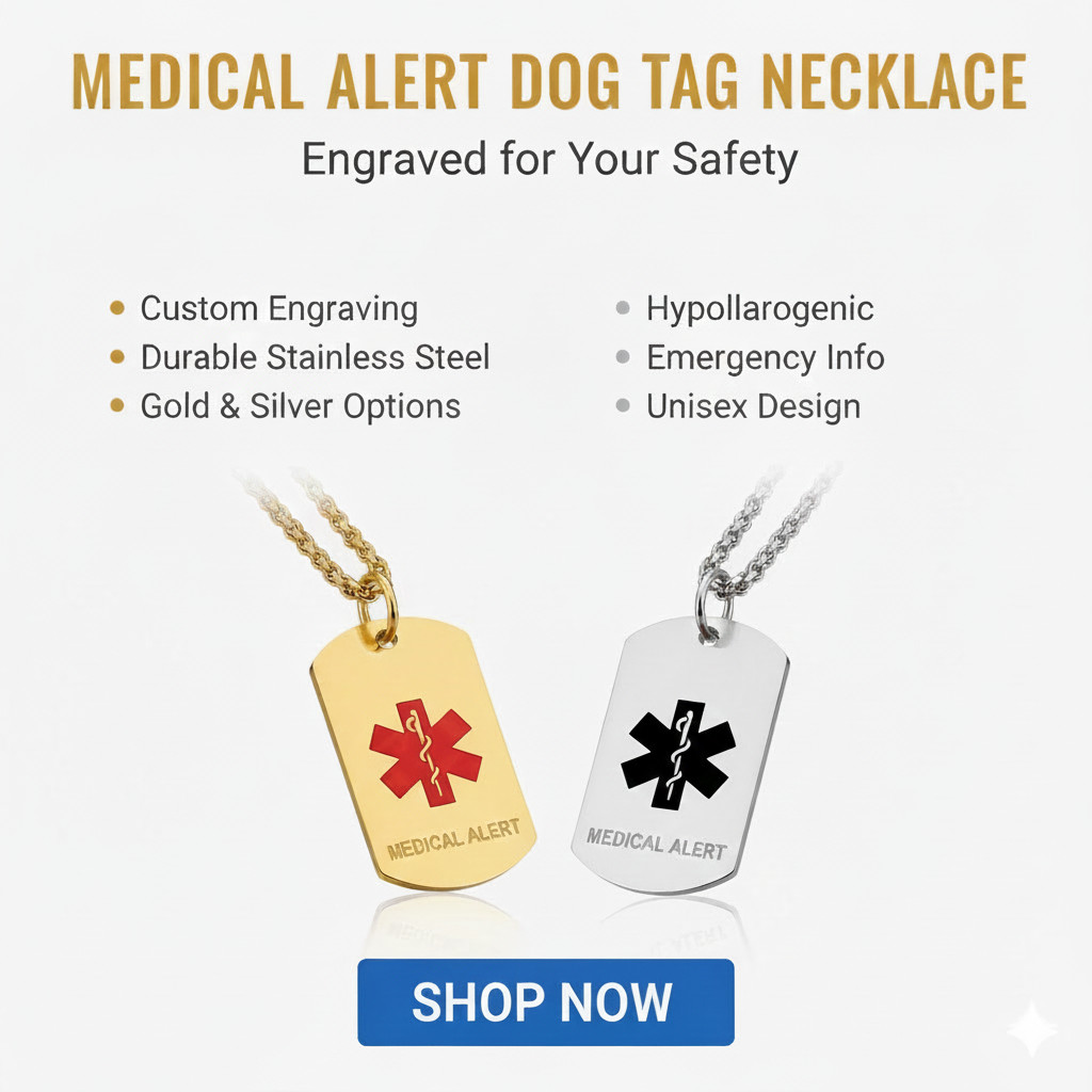 Stainless Steel Medical Alert ID Pendant Necklace Dog Tag Personalized Engraving