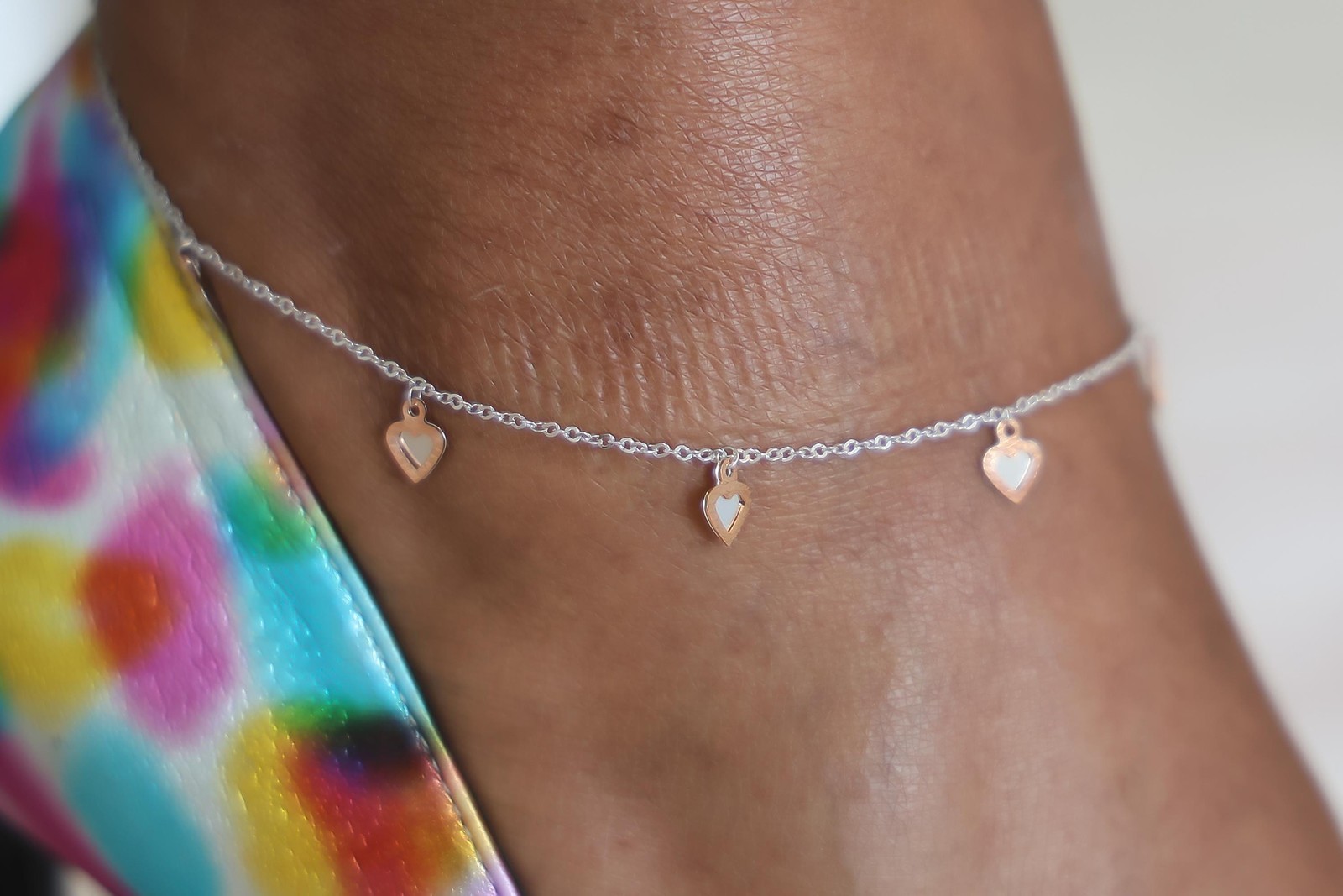 Double Heart Anklet 14k Solid Rose & White Gold Two-Tone Cable Chain 9 or 10″
