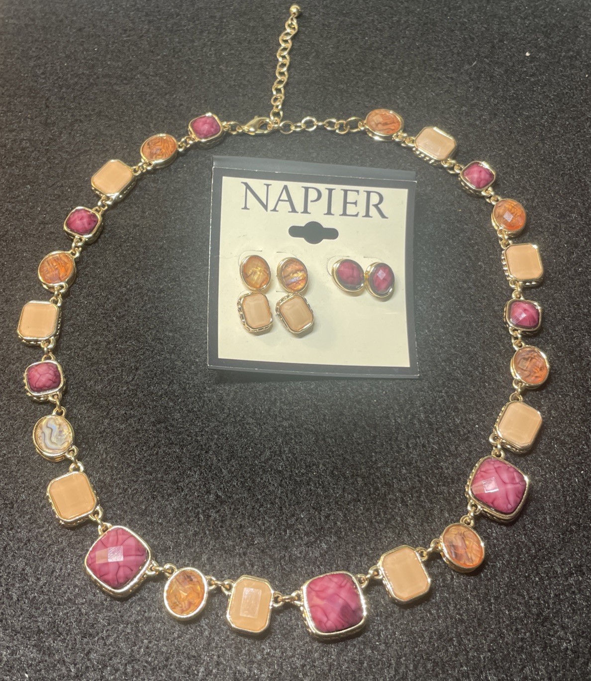 NAPIER gold-tone NECKLACE and 3 Pair EARRINGS Peach Orange Pink Plum Beautiful
