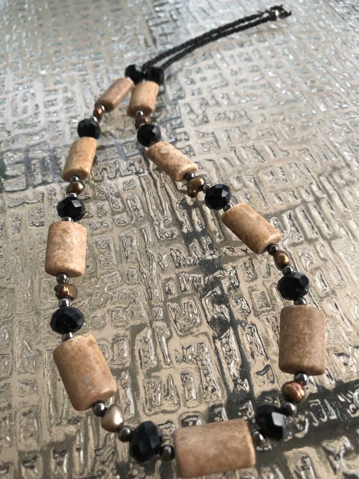 Handmade Necklace Brown Magnesite, Olive Green Freshwater Pearls and Black Glass