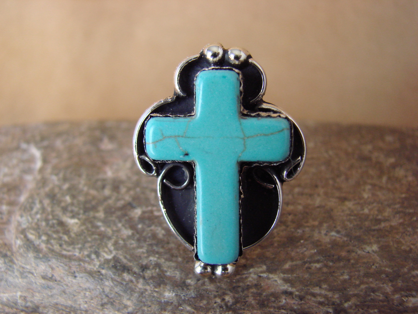 Native American Nickle Silver Turquoise Cross Ring Size 7 1/2 by Phoebe Tolta