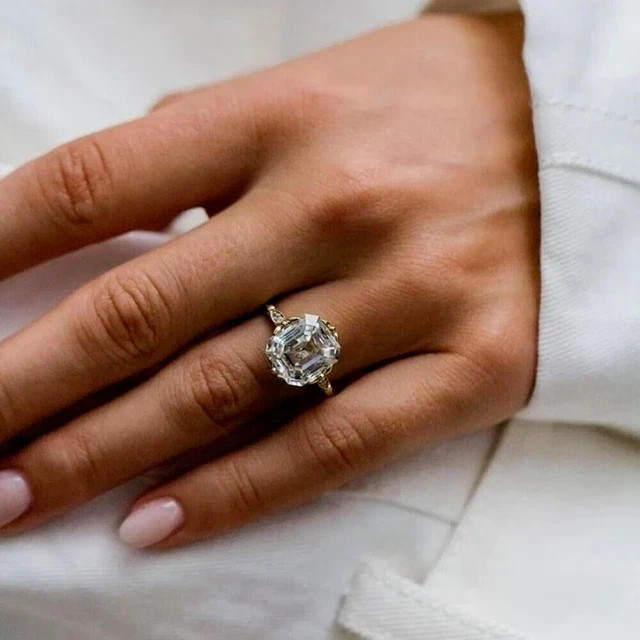 4Ct Asscher Cut Moissanite Engagement Ring 925 Sterling Silver 14K Vermeil