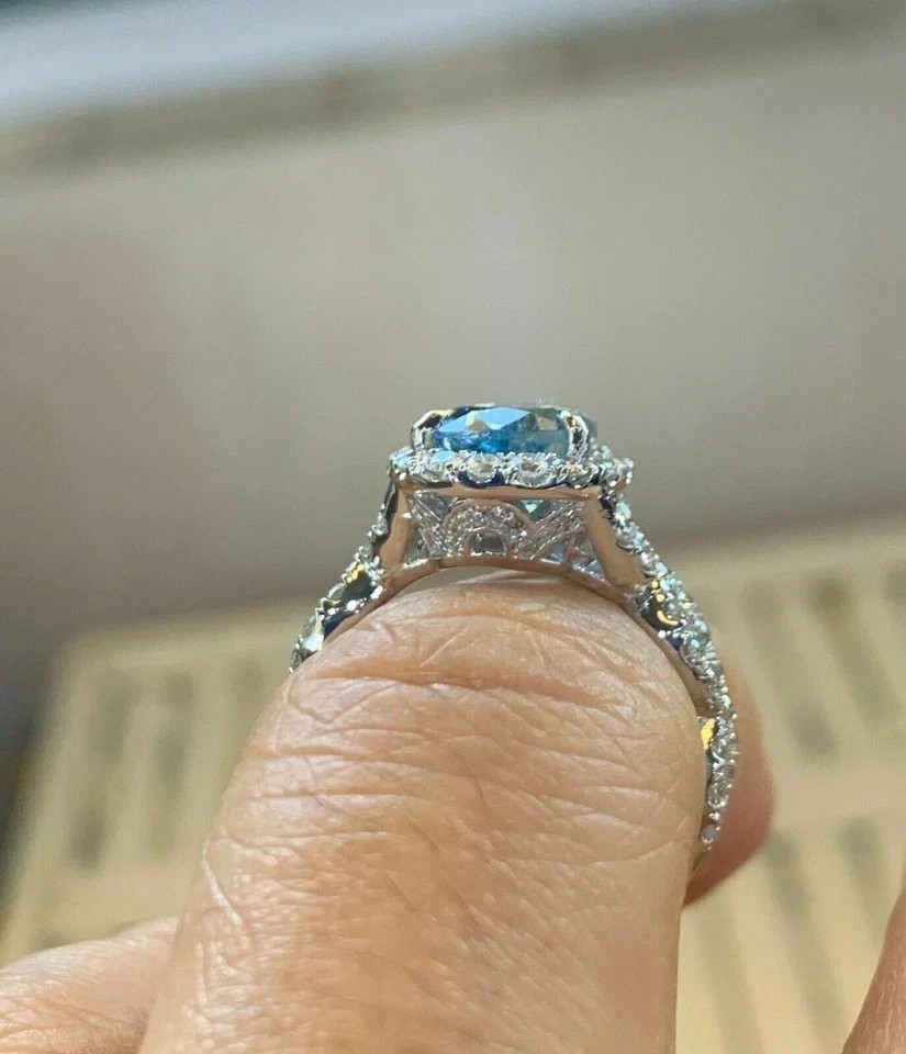 2.50Ct Pear Cut Natural Aquamarine Diamond Wedding Ring 14K White Gold Size 6 7