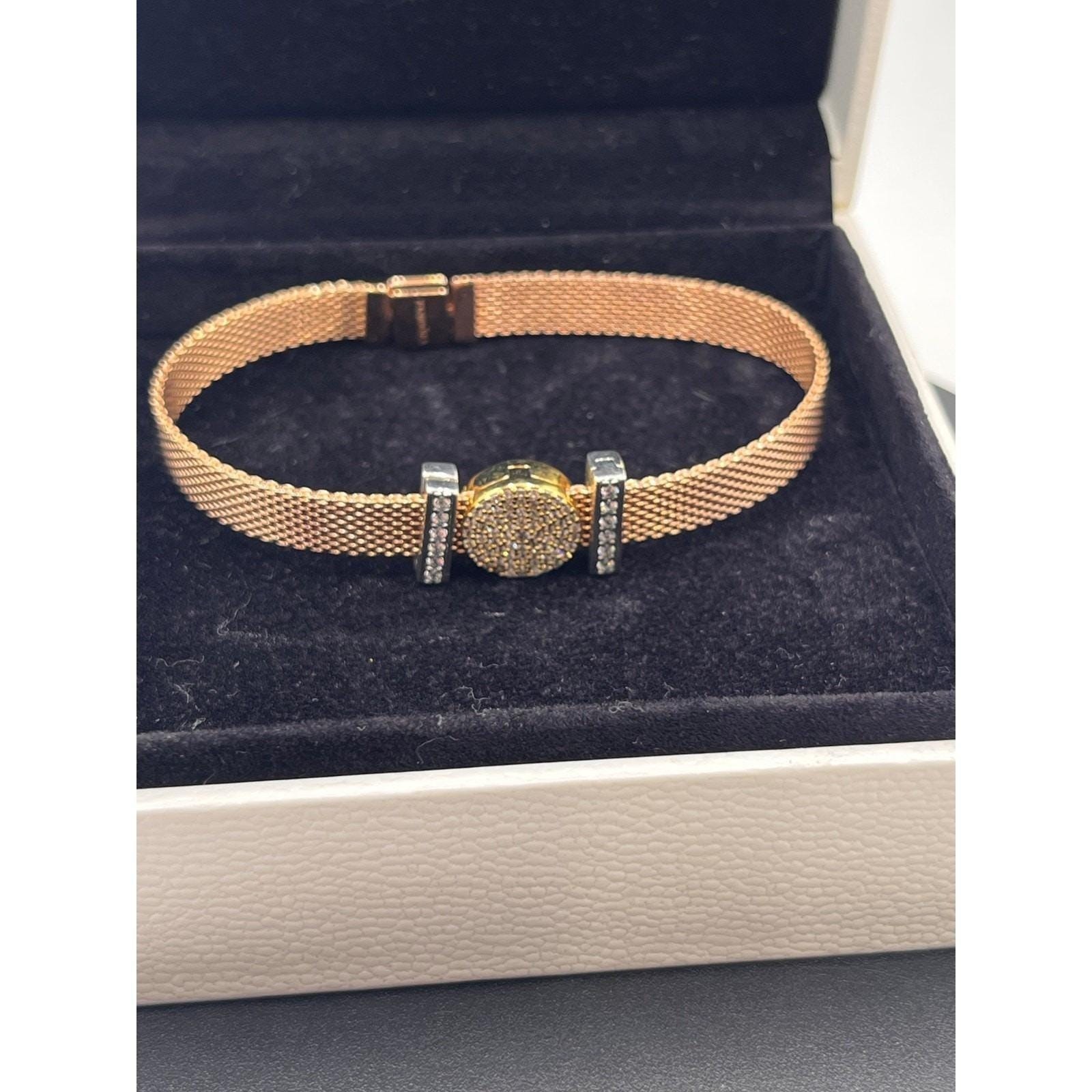 Pandora Reflexions Rose Gold Mesh Bracelet One Bling Charm 2 Pave Clip Charms