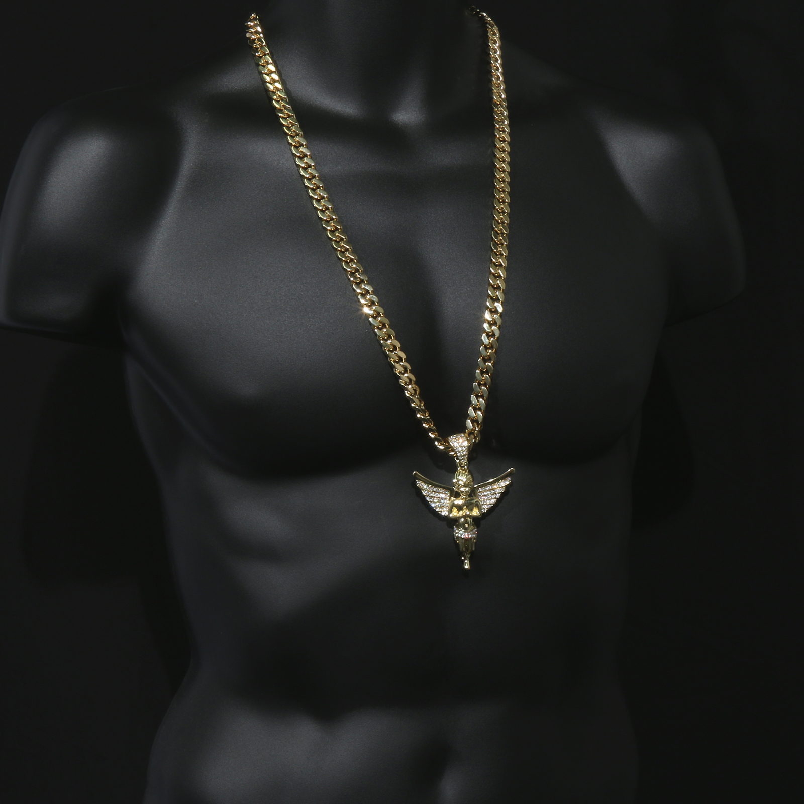 14k Gold Plated Big Hip Hop Angel Pendant Cubic Zirconia 30″ Cuban Link Chain