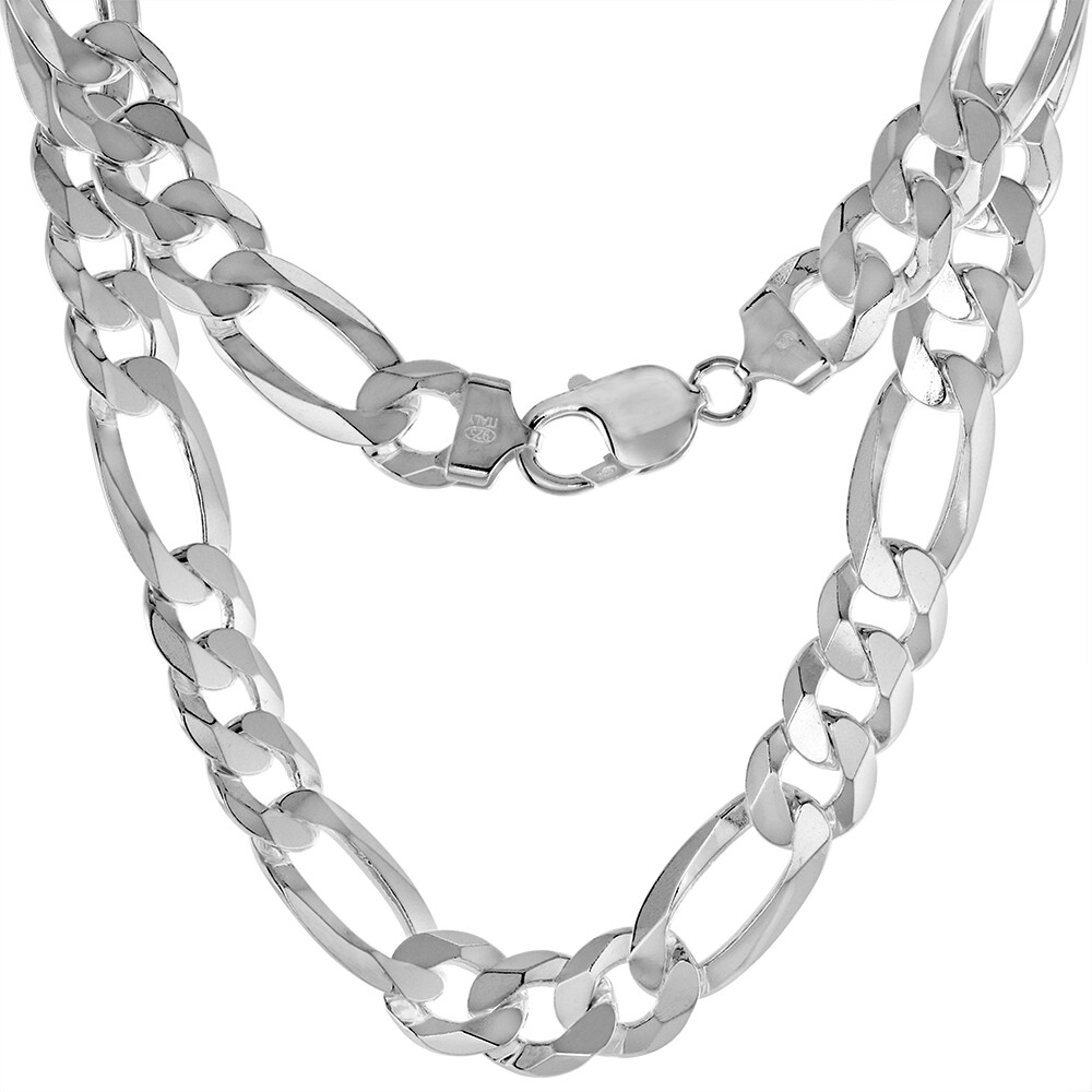 925 Sterling Silver Thick Flat Beveled Figaro Link Chain Necklace 11mm 8″ to 30″