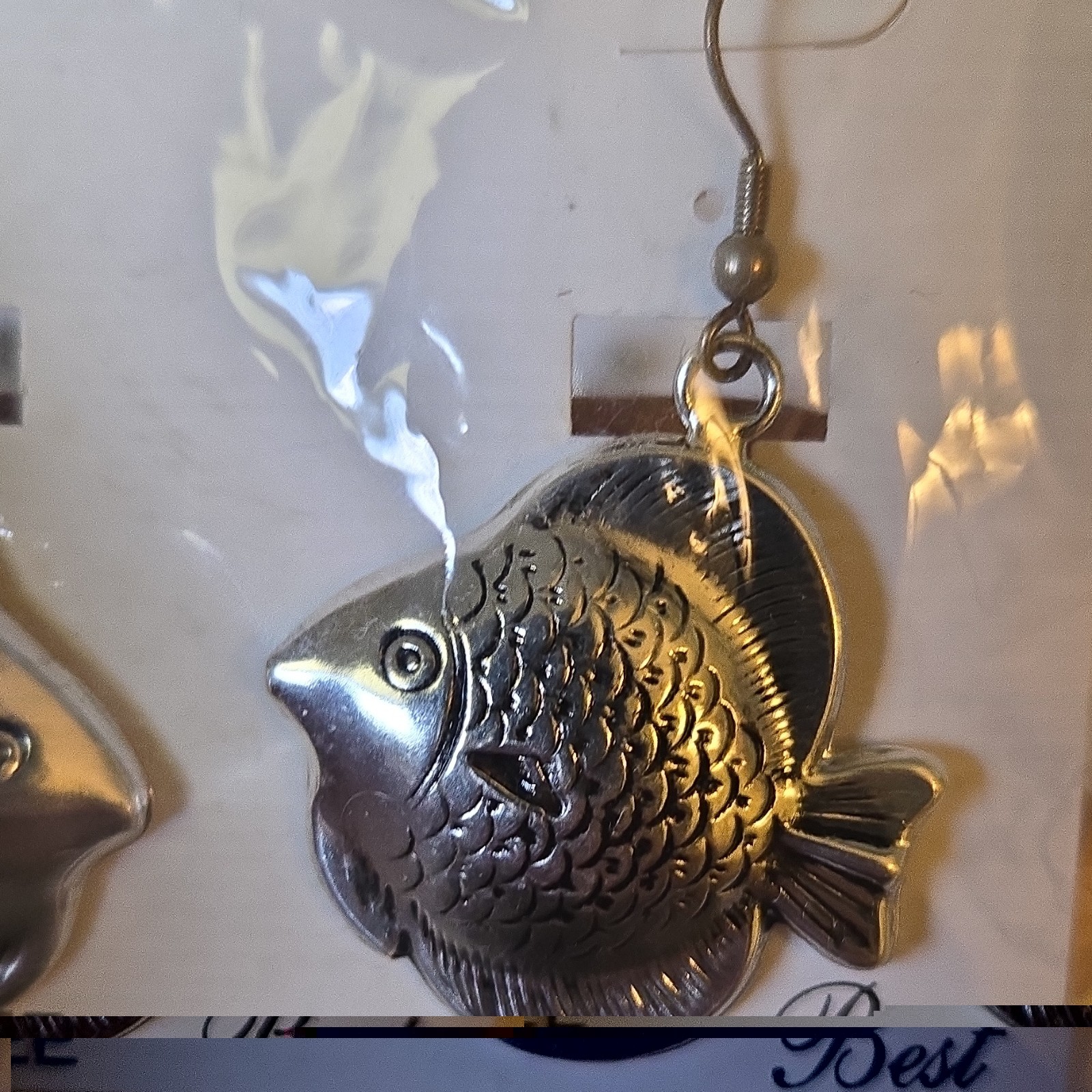 Earrings Fish Design Silver Tone Dangle Hook Lead-Free Metal No Stone