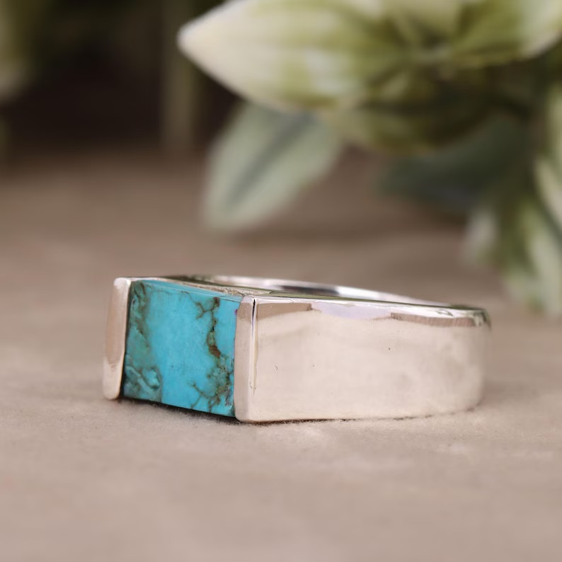 Handmade Rough Turquoise Gemstone Signet Ring: 925 Sterling Silver Men’s Ring
