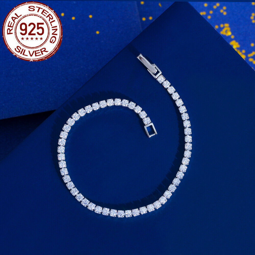 925 Sterling Silver Cubic Zirconia Women Party Round Tennis Chain Link Bracelet