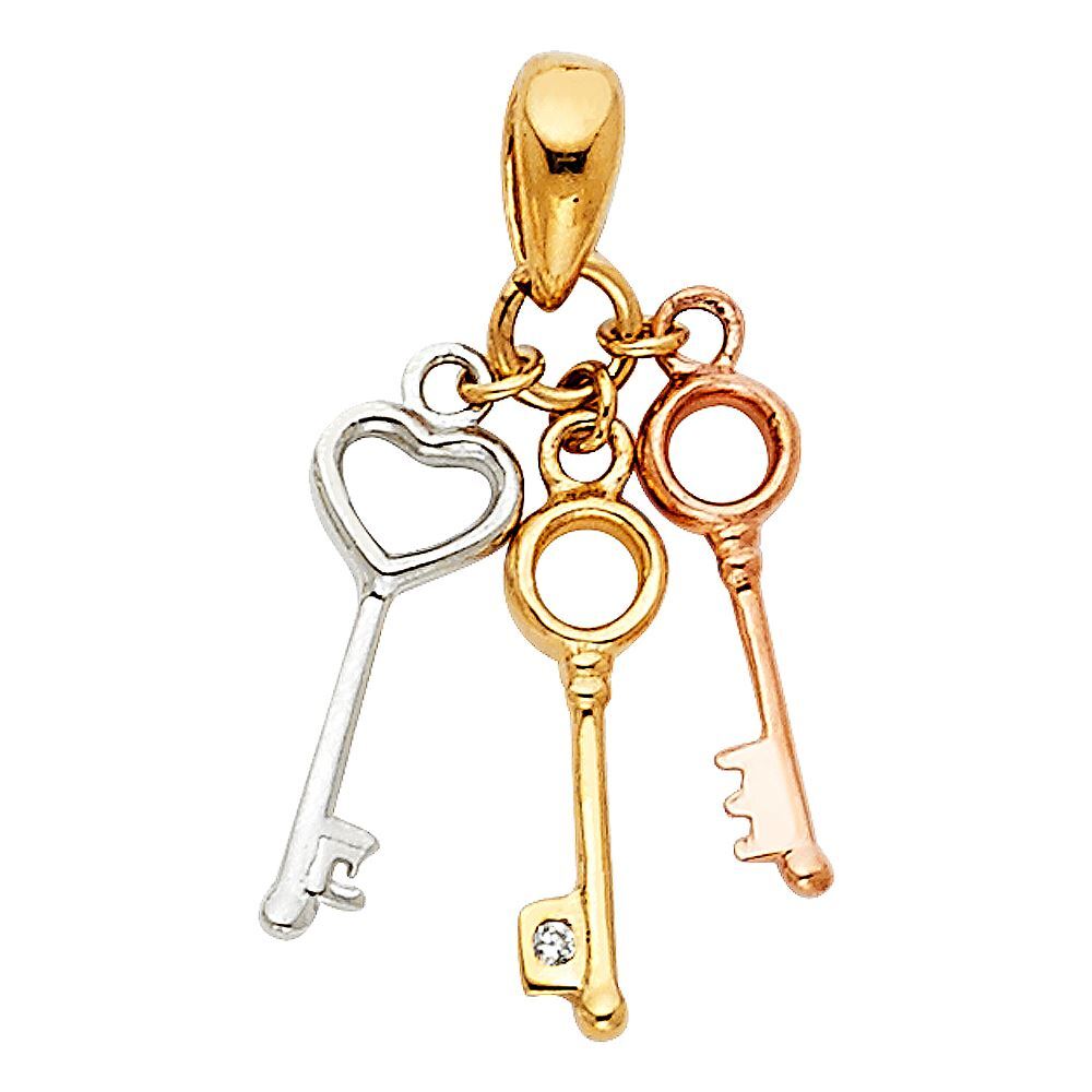 14K Tri Color Gold Key to My 3 Key Charm Pendant &1.2mm Singapore Chain Necklace