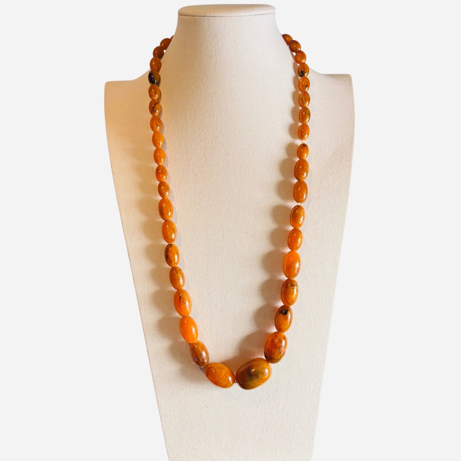 Vintage Faux Amber Graduated Bead Necklace Honey Cognac Marbled Statement 24 In