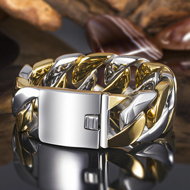 Heavy 170g Silver Gold 316L Stainless Steel Men’s Curb Cuban Bracelet 8.5″x24mm