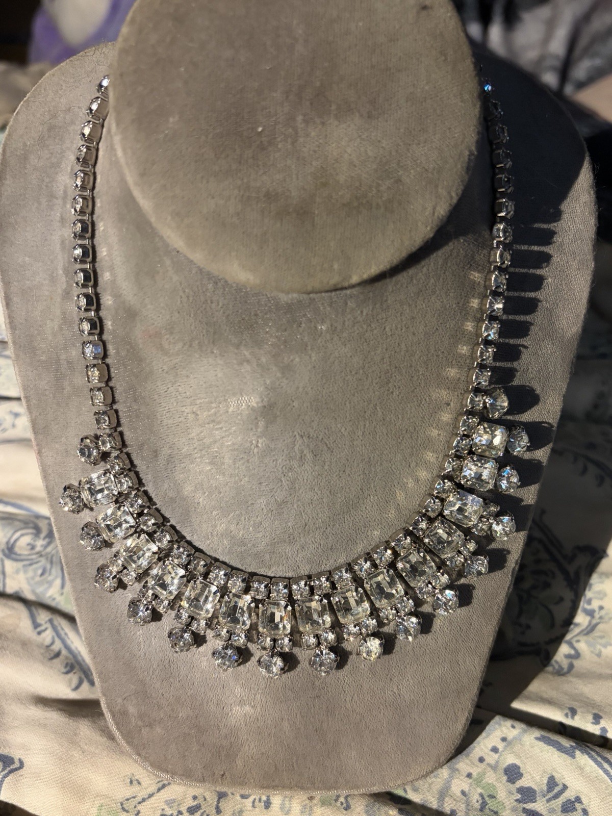 Vintage Rhinestone Statement Necklace Silver Tone Wedding Prom Glam
