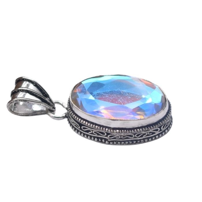Mystic Topaz Hydro Gemstone Antique Silver Plated Pendant 2.25″ J 2137