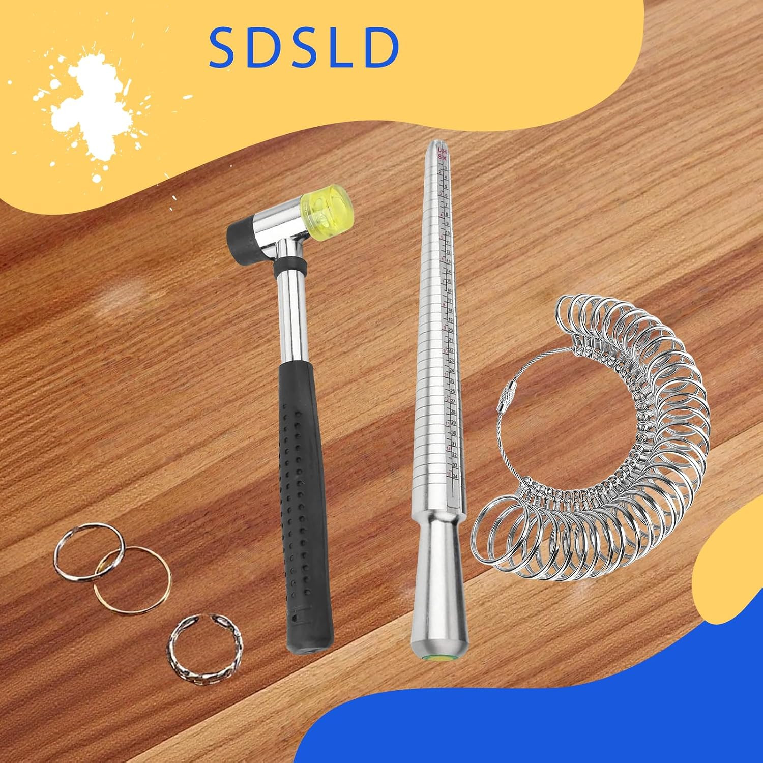 Ring Mandrel Metal Ring Sizer Measuring Tool & Rubber Jewelry Hammer Ring Sizing