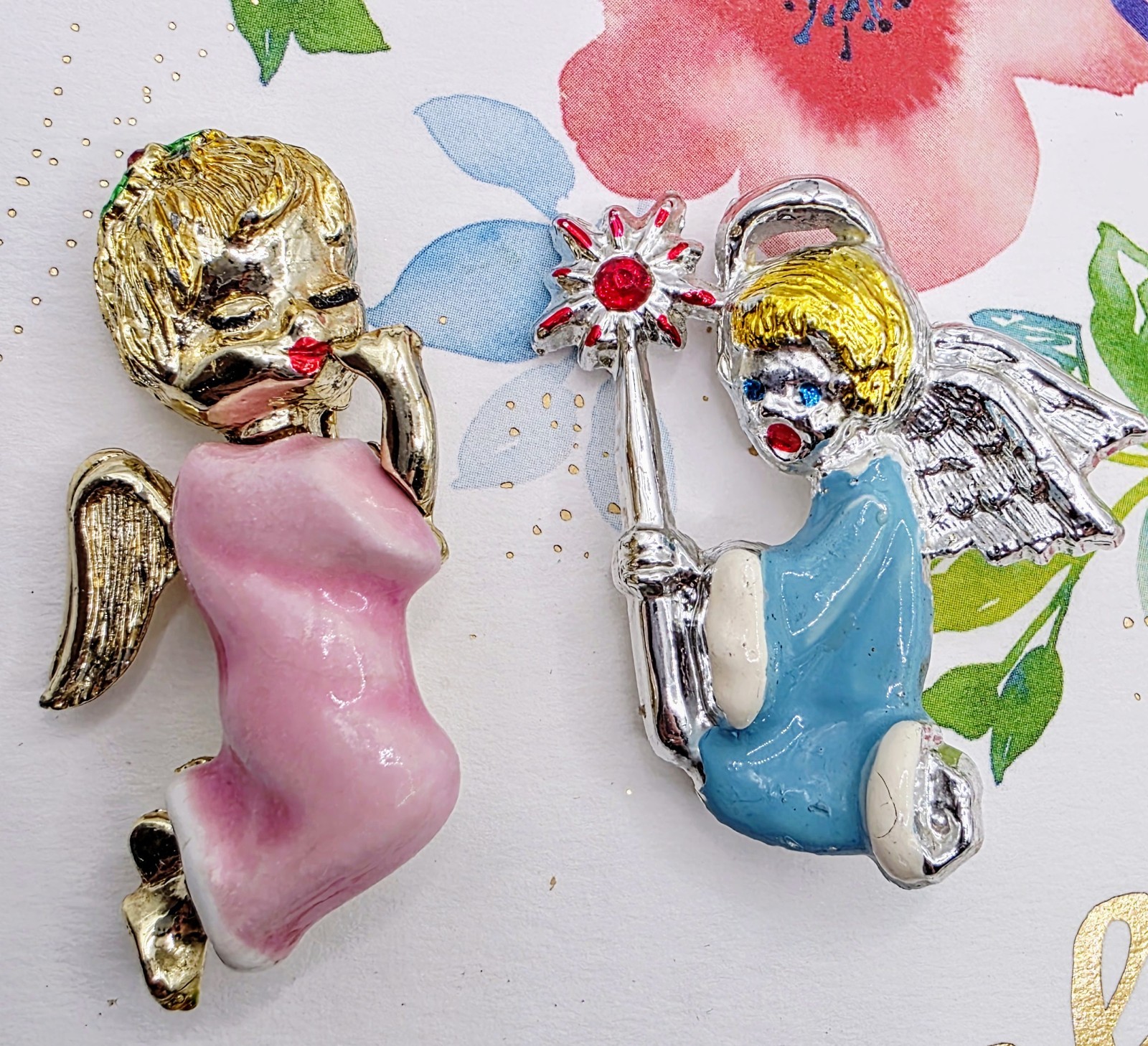 Vintage Ceramic Enamel Rhinestone Angel Brooches
