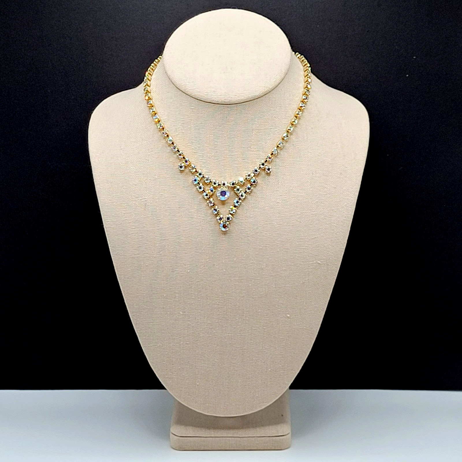 Swag or V Style Drop Choker AB Rhinestone Necklace Gold Tone Vintage 15 inch