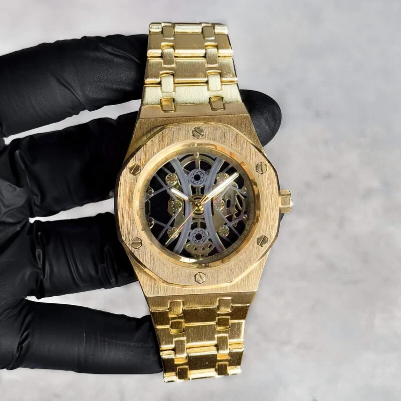 MEN’S METAL BAND LUXURY WATCH SKELECTON DIAL OCTAGON BEZEL GOLD/SILVER/BLACK