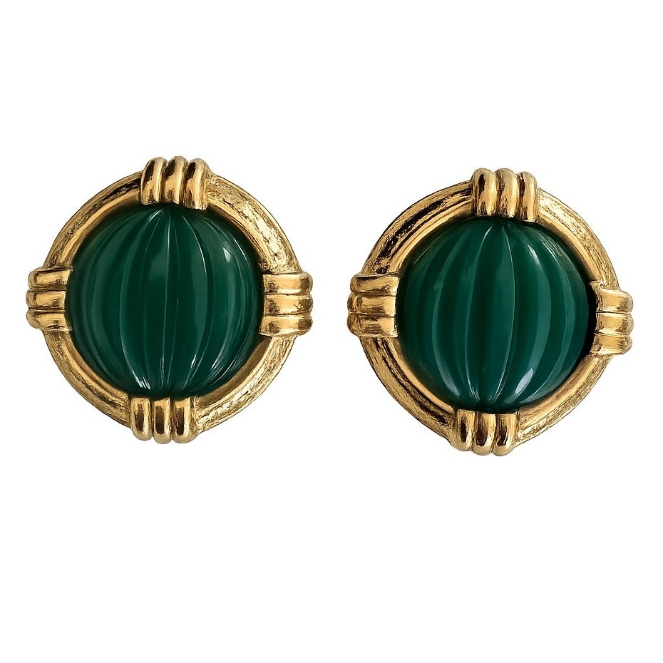 Vintage Bijoux Cascio Green Cabochon Gold Tone Clip-On Earrings Made in Italy