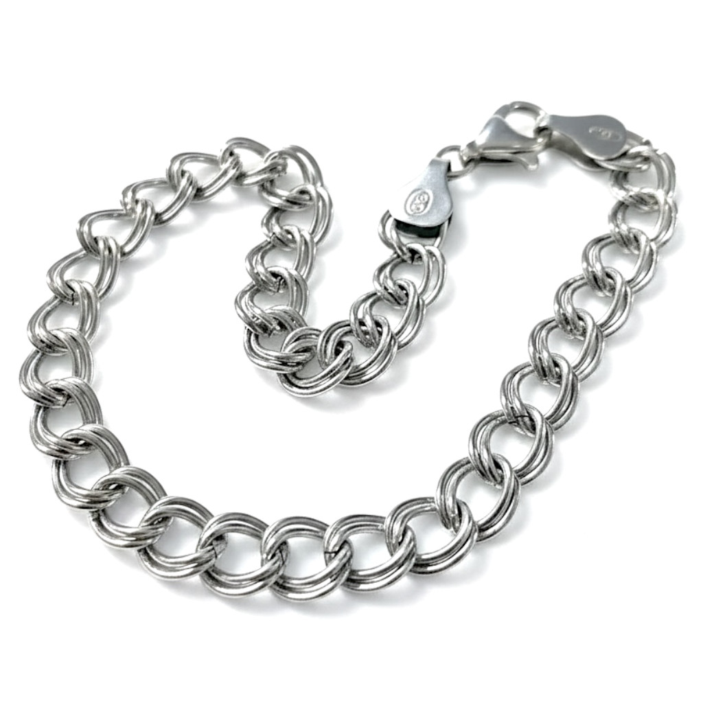 925 Sterling Silver Double Link Curb Chain Charm Bracelet 8″ 6mm Italy 7.68g