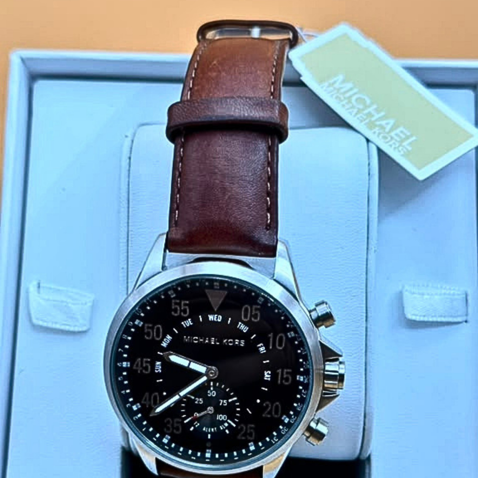 Michael Kors Men’s Hybrid Smartwatch Blue Dial Brown Leather Strap