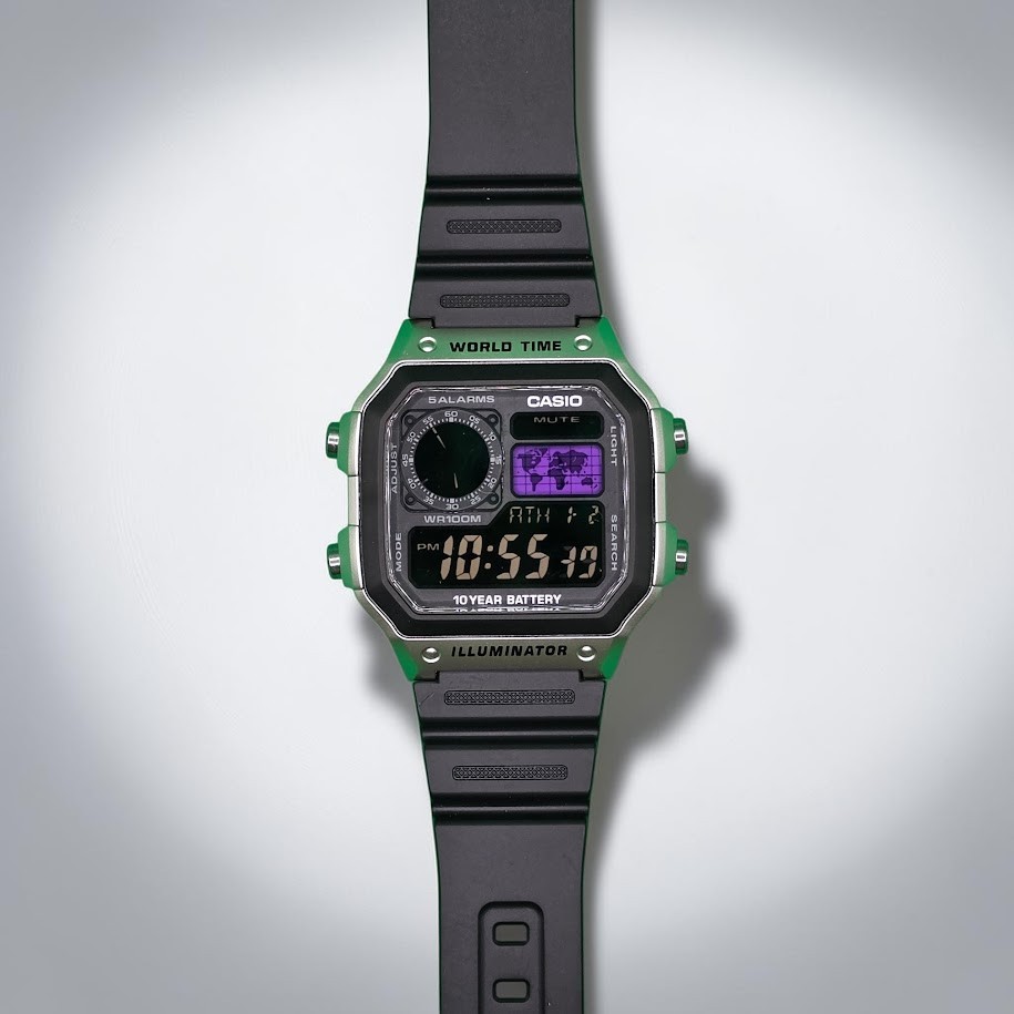 CASIO AE-1200WHD. Royale Watch Mod. Negative Display. Purple World Map