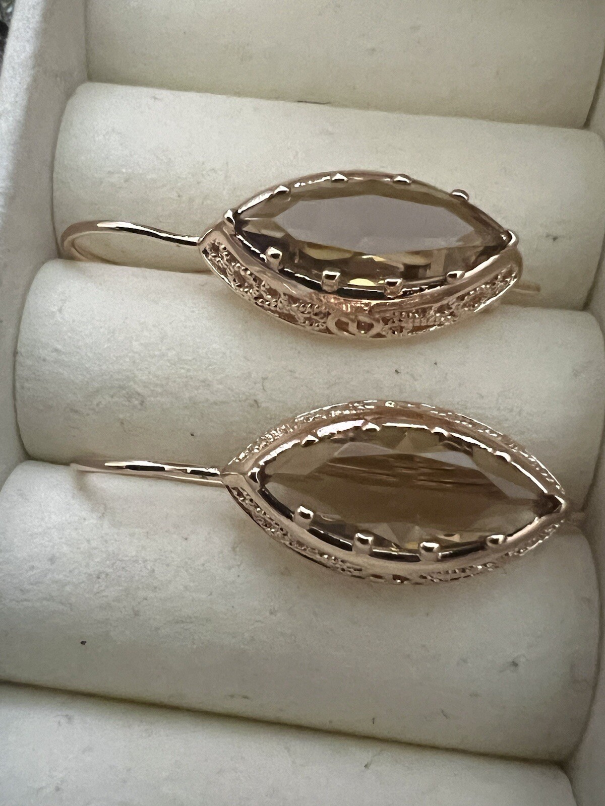 14k Rose Gold Plated Filigree Oval Amber Earrings English Lock